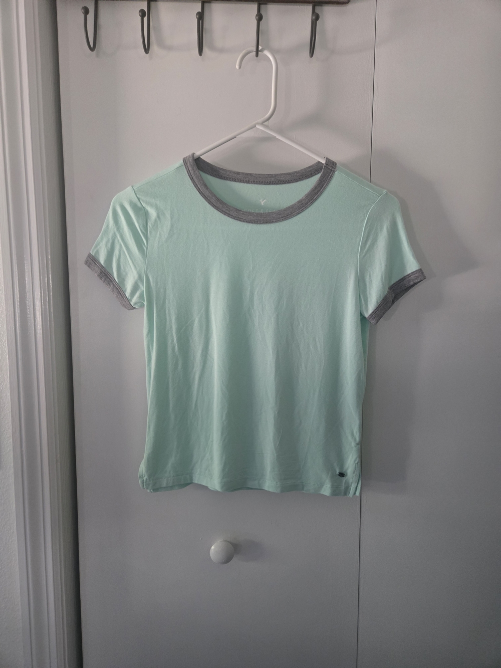 American Eagle Outfitters Mint Short-Sleeve Ringer Tee with Gray Trim